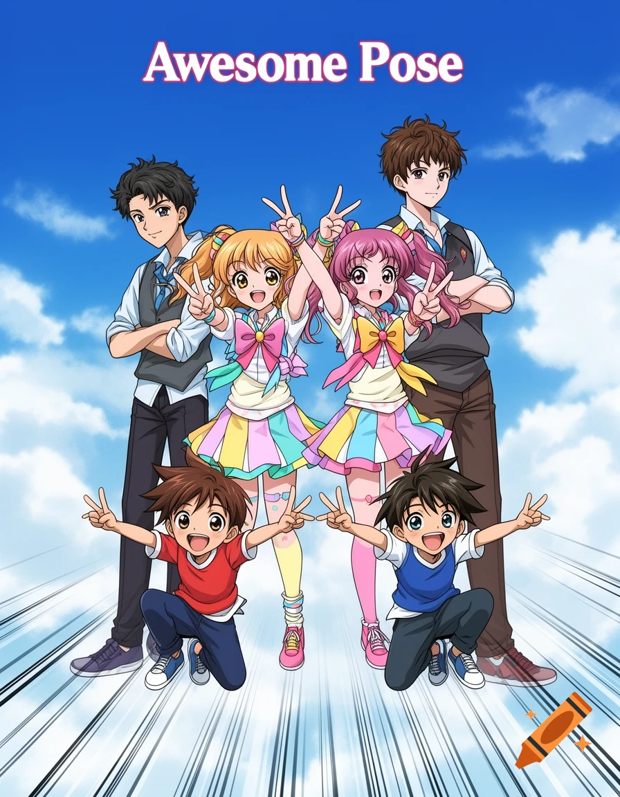 An anime group portrait of two teenage couples making peace signs and two young boys posing excitedly, with the title "Awesome Pose" above them against a blue sky.