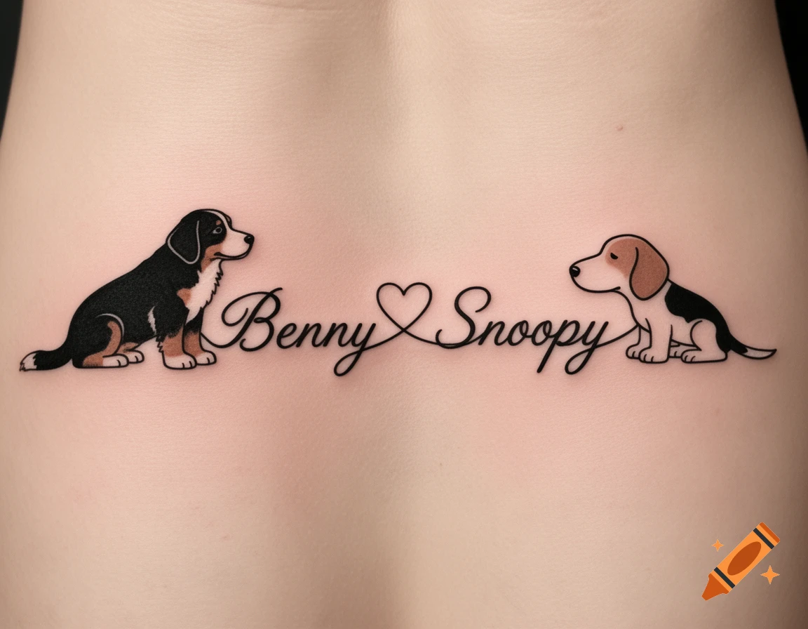 A colorful tattoo on skin featuring a Bernese Mountain Dog, a Beagle, and the names 'Benny' and 'Snoopy' in script.
