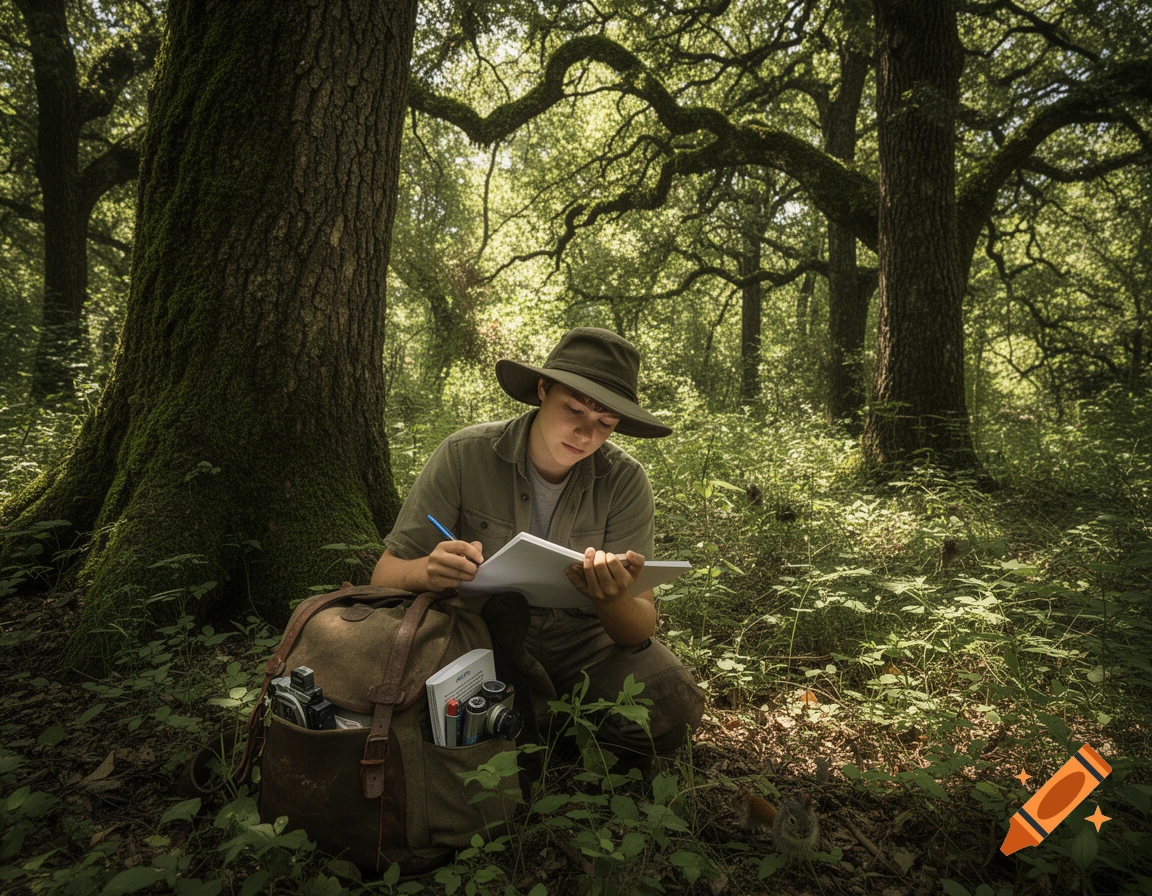 A young person in a hat crouches in a lush green forest, sketching in a notebook with a backpack and cameras nearby. Photorealistic.
