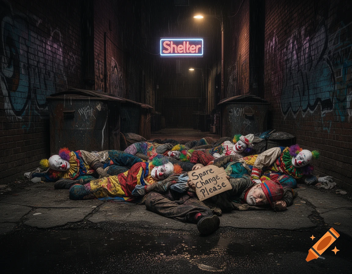 Photorealistic image of multiple clowns lying on a wet, grimy alley floor with a "Shelter" neon sign above and a "Spare Change, Please" sign.
