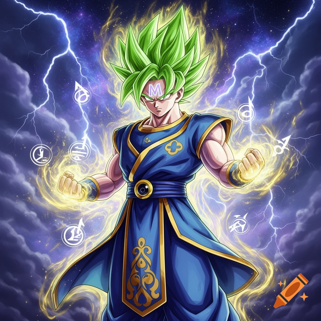 An anime-style character with green spiky hair and a purple 'M' on his forehead, wearing a blue and gold robe, stands amidst lightning and glowing magical symbols.