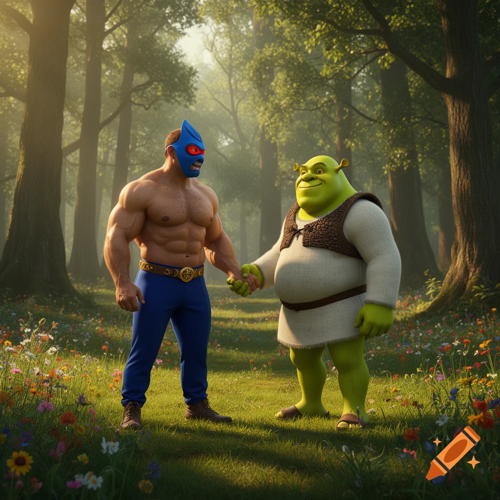 A muscular man in a blue mask and blue pants holds hands with Shrek in a sunlit forest with wildflowers.