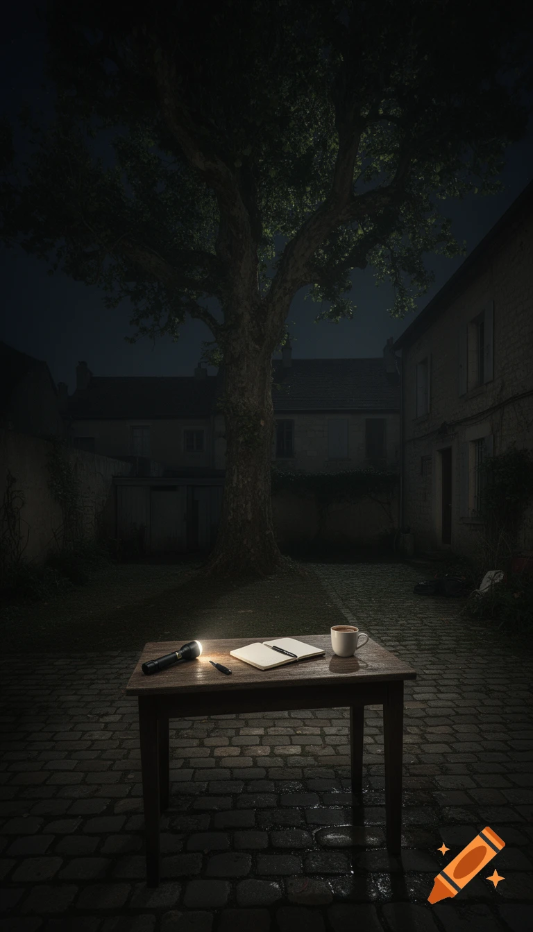 A flashlight, open notebook, pen, and coffee cup on a wooden table in a dark, cobbled courtyard at night, with a large tree and houses in the background.