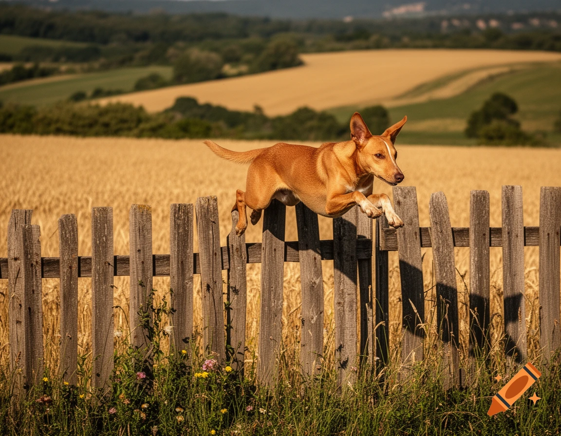 A reddish-brown dog leaps over a rustic wooden fence in a sunny field with golden crops and rolling hills.