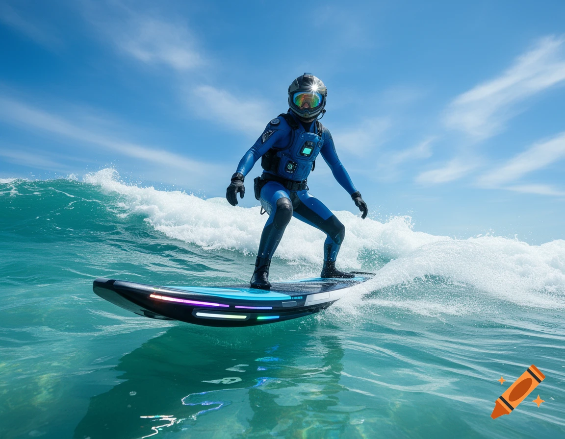A person in a blue futuristic suit and helmet surfs on a glowing modern board in a turquoise ocean under a blue sky.