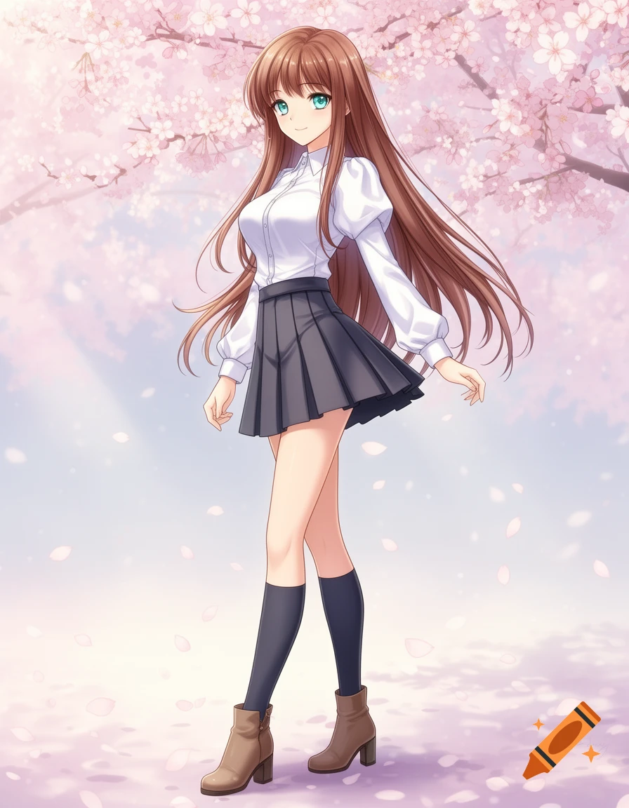 Anime girl in a white shirt and black skirt stands smiling under pink cherry blossoms with falling petals.