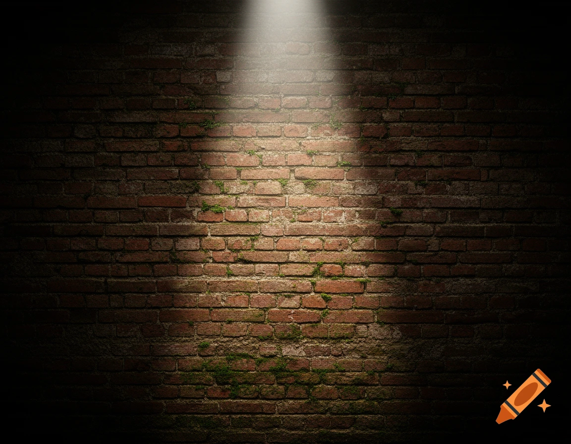A dark, old brick wall partially illuminated by a bright spotlight from above.