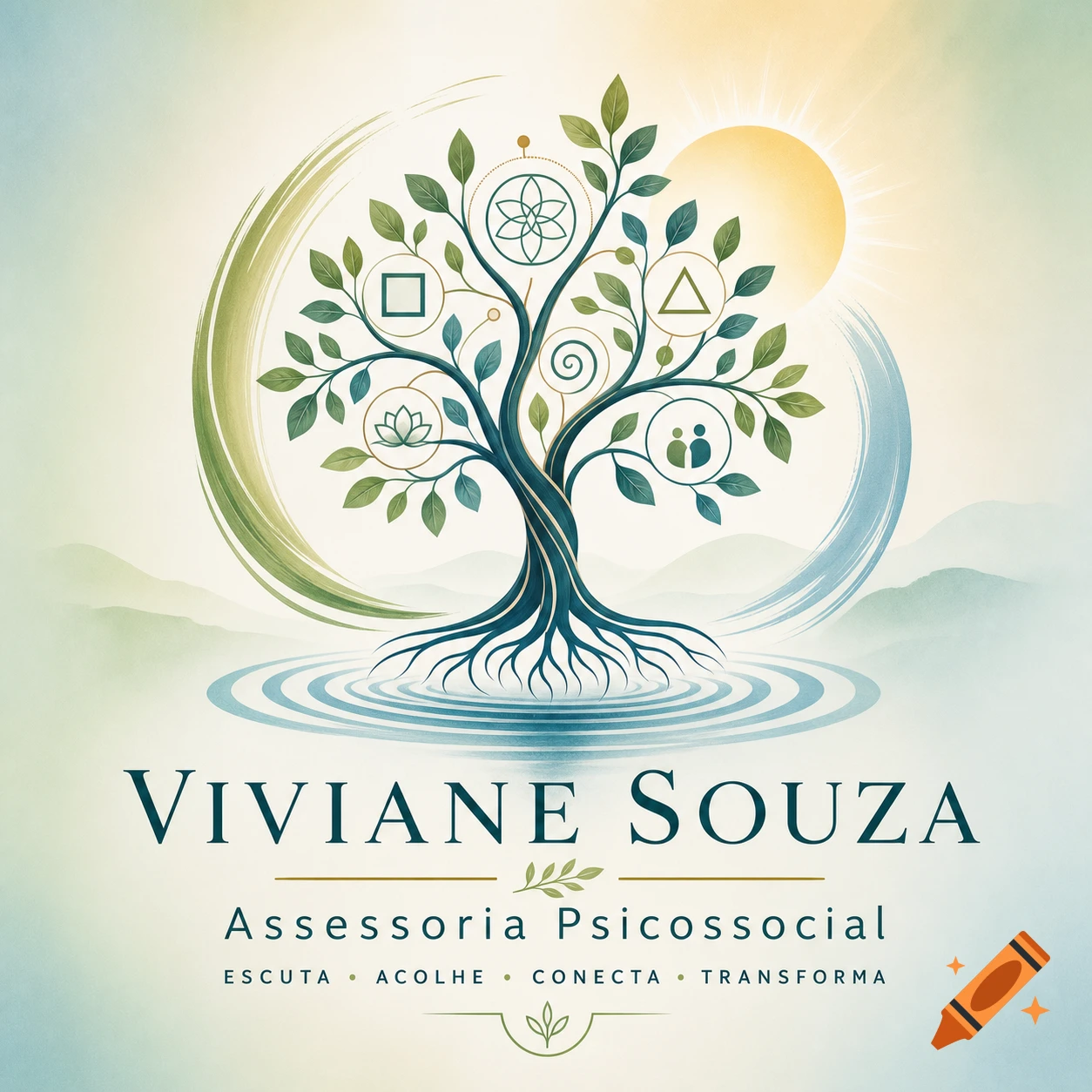 A stylized logo featuring a tree with symbols on its leaves, roots in water, and a sun in the background, with text 'VIVIANE SOUZA Assessoria Psicossocial'.