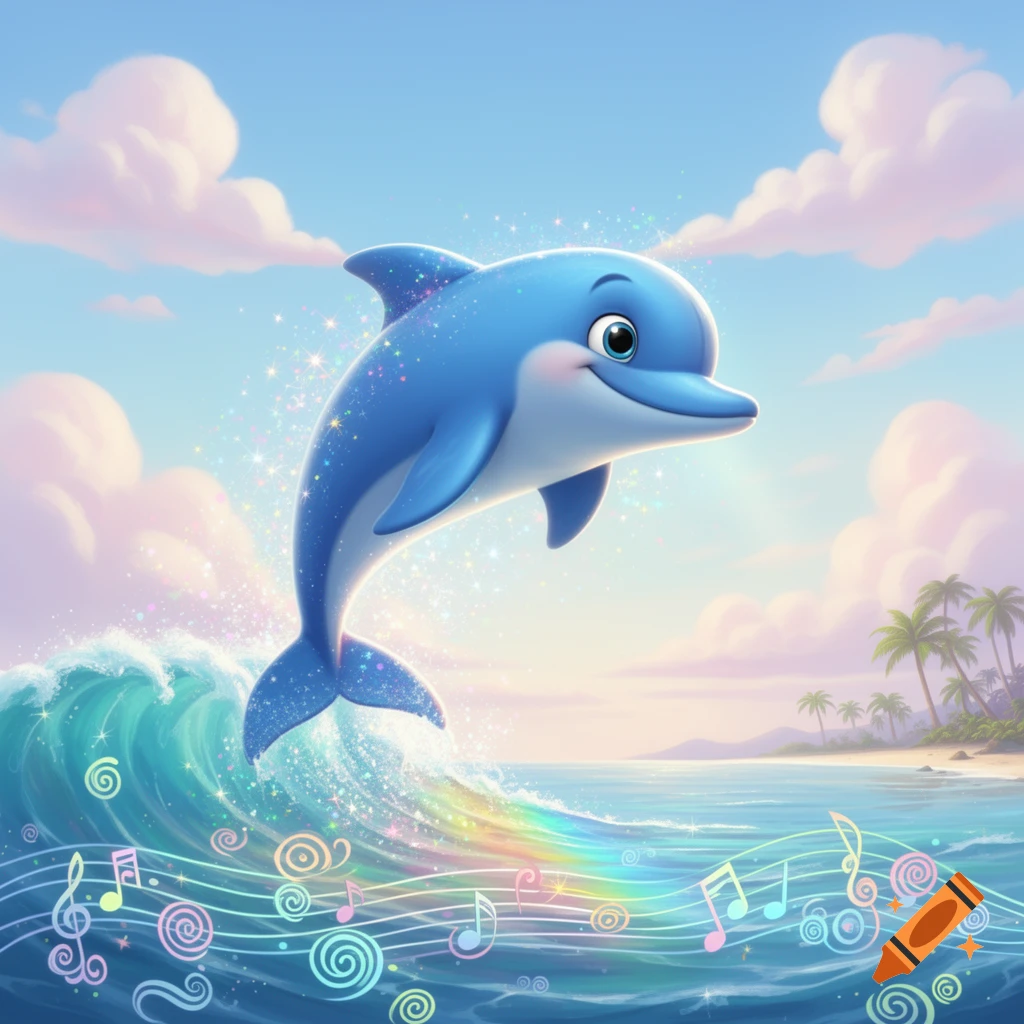 A cute cartoon dolphin jumps over a sparkling rainbow wave with musical notes, set against a bright sky with fluffy clouds and a distant tropical beach.
