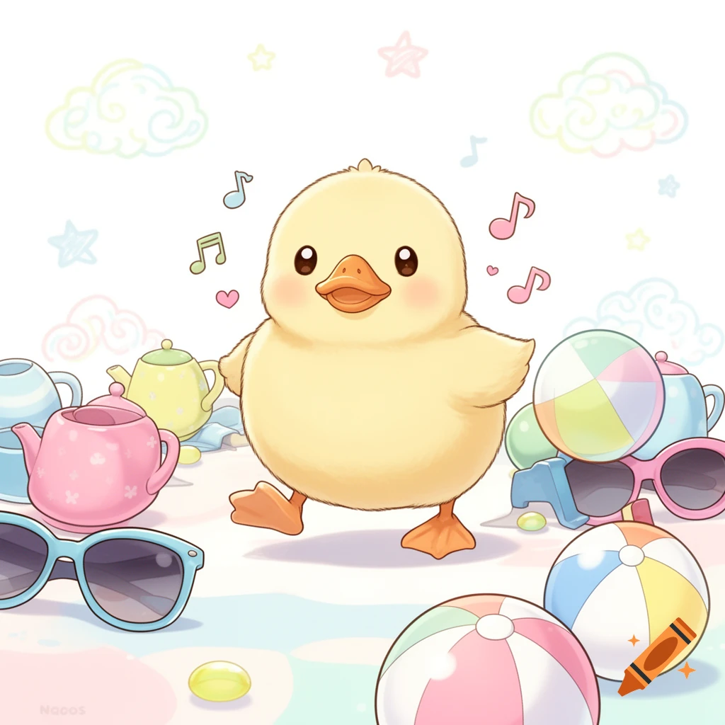 A chubby, cute yellow duck walks among pastel teapots, beach balls, and sunglasses, with musical notes and hearts floating around it in a kawaii cartoon style.