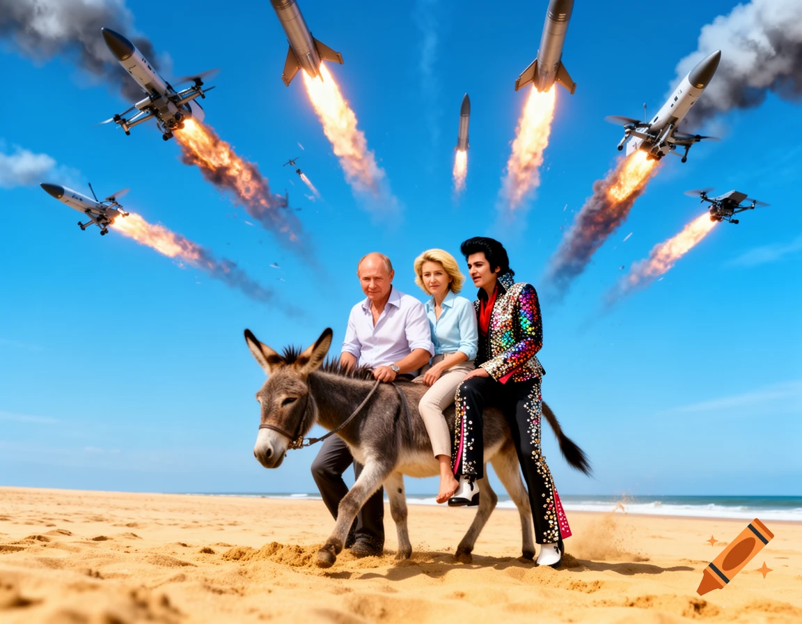 Putin, Ursula von der Leyen, and Elvis Presley ride a donkey on a sandy beach while missiles and drones fly in the blue sky.
