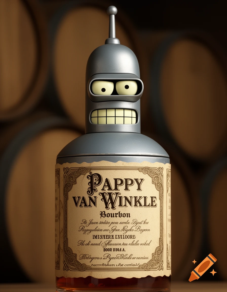 A photorealistic bottle of Pappy Van Winkle Bourbon with Bender from Futurama's head as the bottle's top, in a cellar.