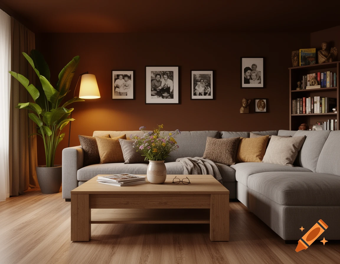 A photorealistic image of a cozy living room with a gray sectional couch, wooden coffee table, large green plant, and dark brown walls.