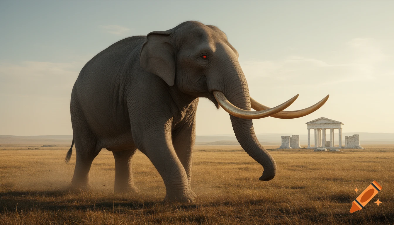 A large, prehistoric-looking elephant with glowing red eyes and long tusks strides through a dry, grassy plain, with ancient marble ruins in the background under a pale sky.