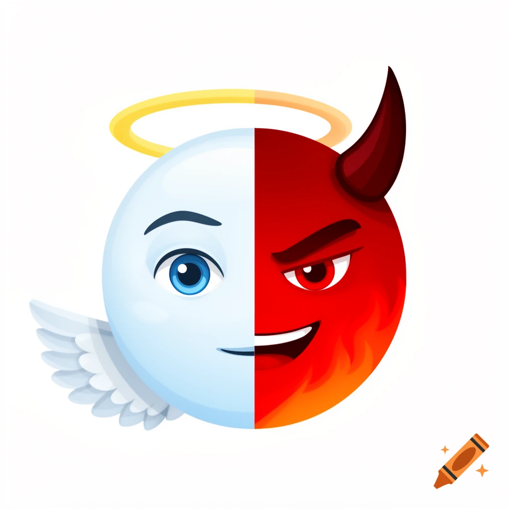 A cartoon emoji split down the middle, half white angel with a halo and wing, half red devil with a horn and fire.
