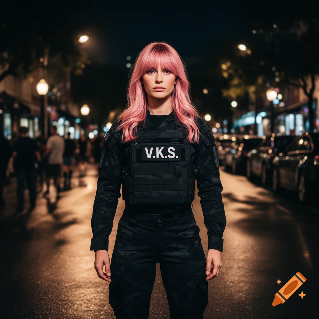 A woman with rose-pink hair and a black camo tactical uniform stands on a wet city street at night, a 'V.K.S.' patch visible on her vest.
