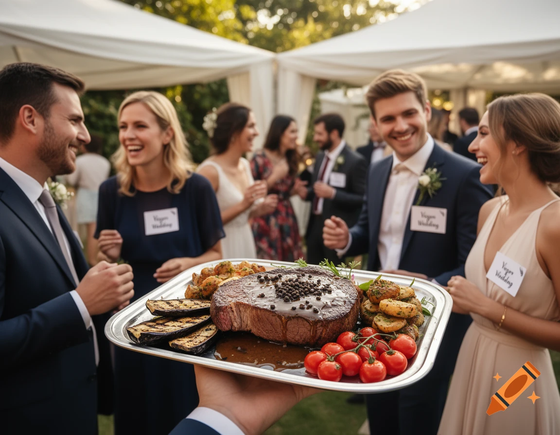 A hand holds a tray of steak, potatoes, and vegetables at an outdoor wedding party with smiling guests wearing "Vegan Wedding" labels.