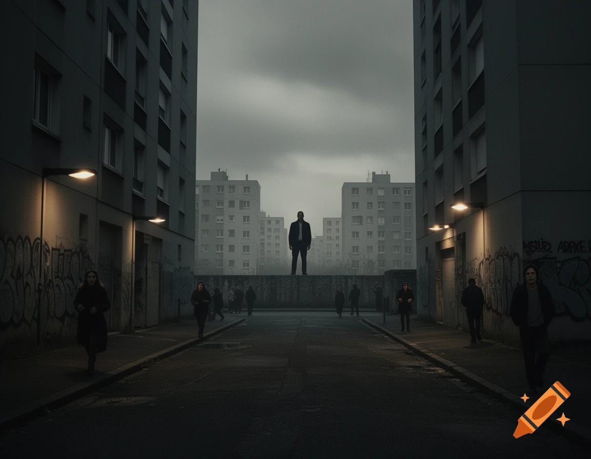 A gloomy, cinematic shot of a man standing on a wall between two tall, grey apartment buildings, with other people walking on the street below.