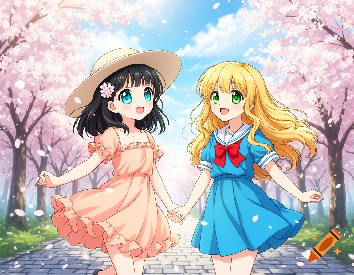 Two smiling anime girls, one with black hair and a straw hat, the other with blonde hair, hold hands while walking on a stone path through a cherry blossom park with falling petals.