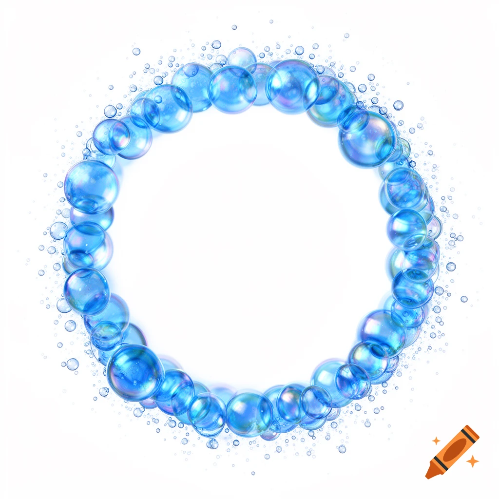 A circular frame made of vibrant blue soap bubbles and tiny water droplets against a white background.