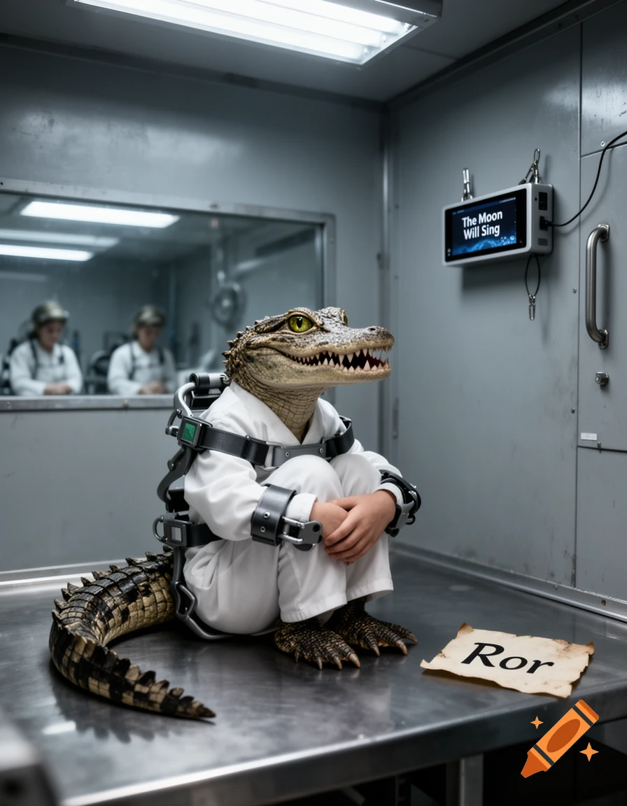 Photorealistic image of a restrained child with a crocodile head, tail, and feet, sitting on a metal table in a sterile lab.