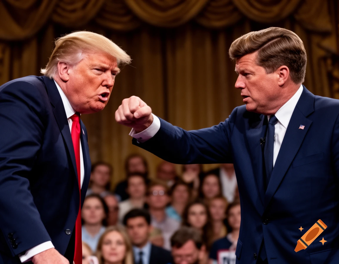 Donald Trump confronts another man in a suit, who has his fist raised, on a stage with an audience in the background.