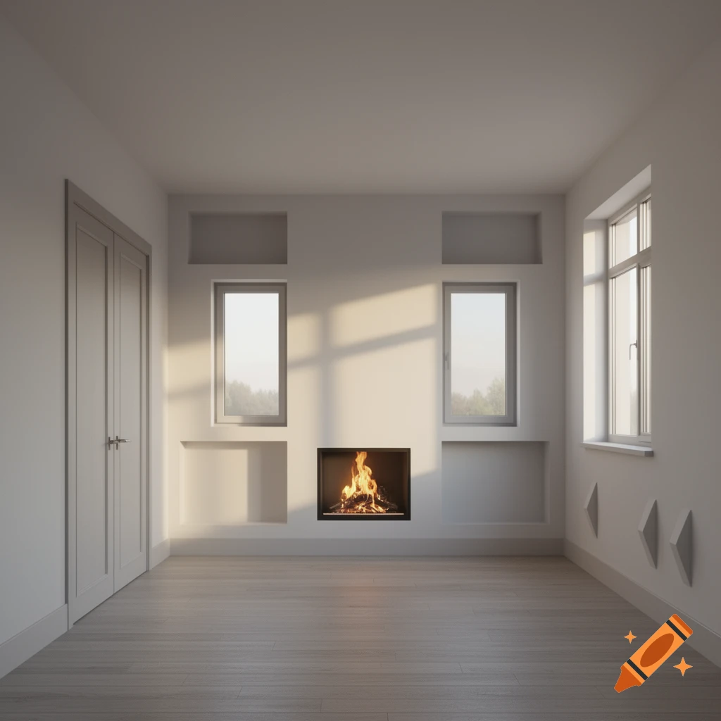 Empty modern room with a lit fireplace, light wooden floor, two large windows, and a double door.