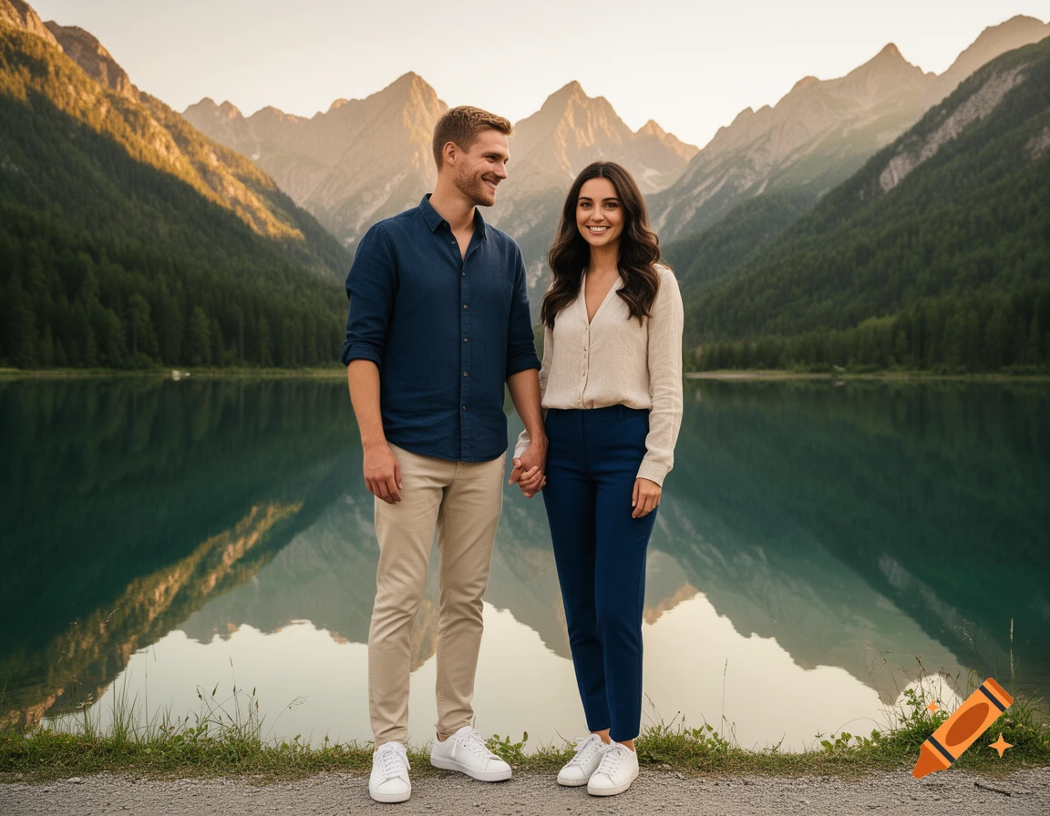 A man and woman holding hands stand by a serene mountain lake reflecting mountains at sunset, photorealistic.