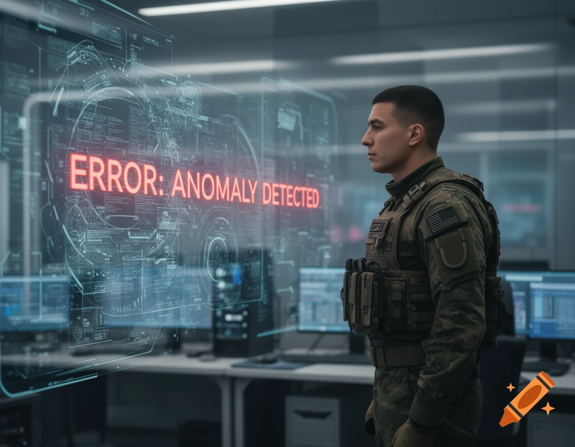 A soldier in uniform stands in a control room, looking at a transparent holographic screen displaying "ERROR: ANOMALY DETECTED" in red text.