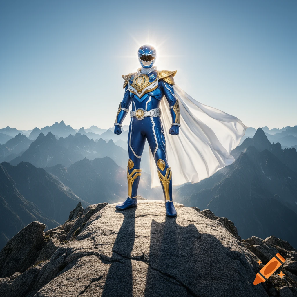 Blue and gold superhero resembling a Power Ranger stands on a rocky mountain peak, backlit by the sun, with a white cape flowing. Photorealistic.