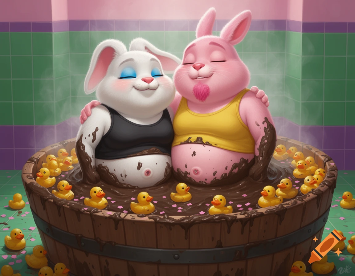 Two smiling, obese, anthropomorphic rabbits in a steamy mud bath filled with rubber ducks and pink confetti, cartoon style.