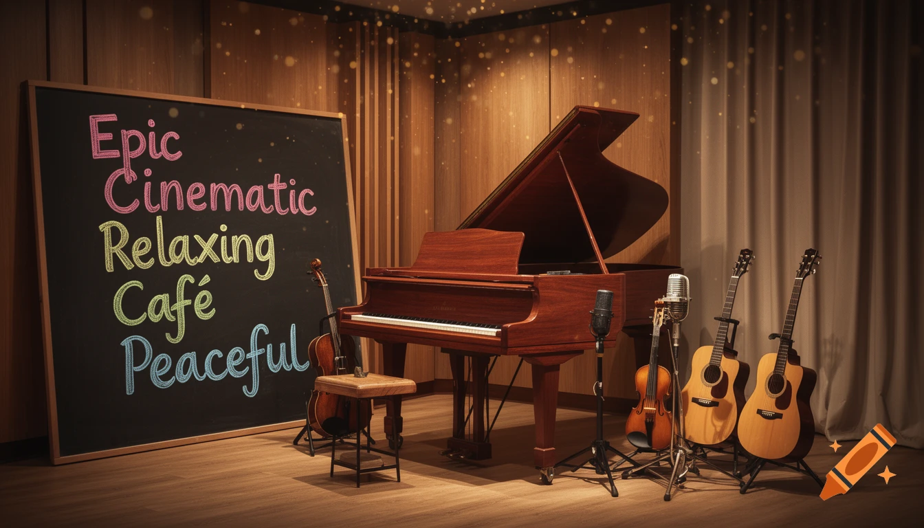 A stage-like setting with a grand piano, two acoustic guitars, a violin, and microphones. A blackboard lists 'Epic Cinematic Relaxing Café Peaceful' in colorful chalk.