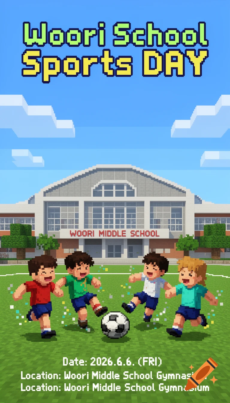 Minecraft-style poster for Woori School Sports Day, showing four students playing soccer in front of a school building under a blue sky.