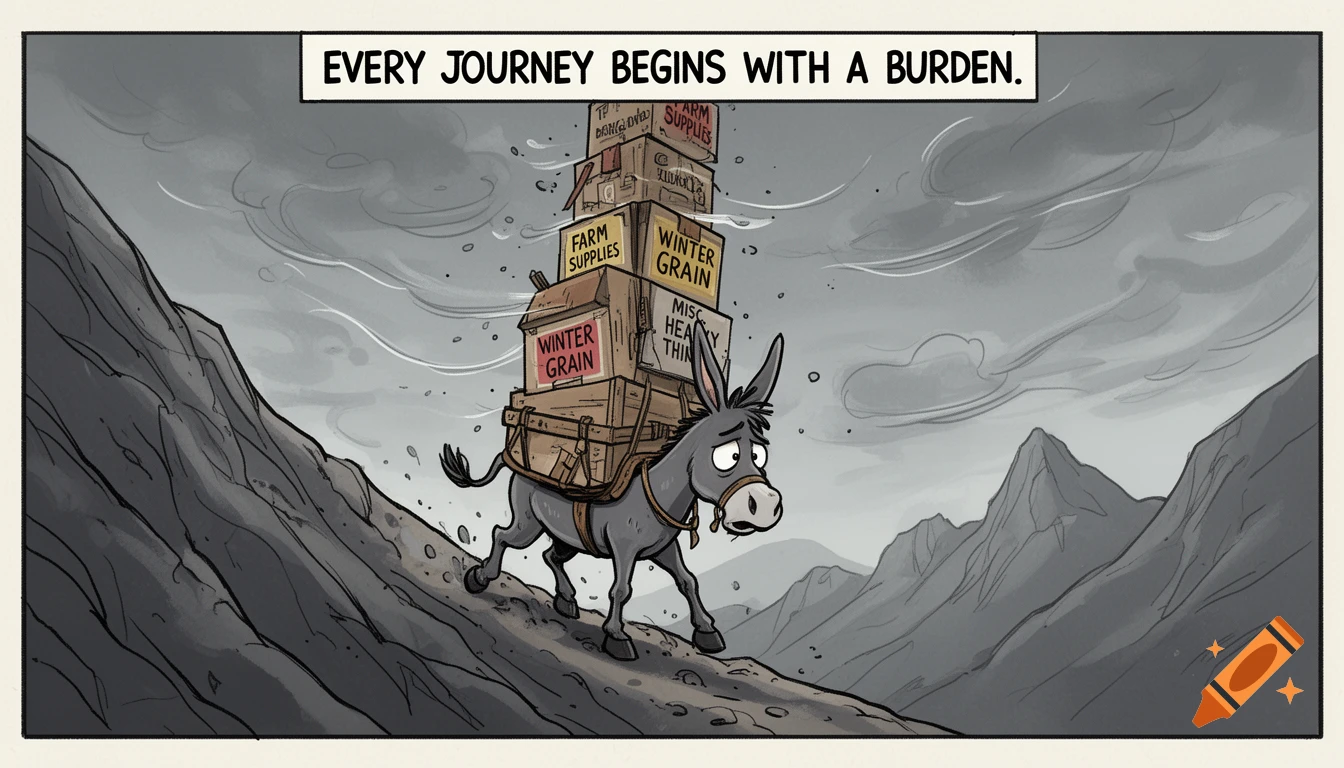 A weary cartoon donkey struggles up a steep, rocky mountain path with a tall stack of labeled boxes strapped to its back, under a cloudy, windswept sky. A caption above reads, "EVERY JOURNEY BEGINS WITH A BURDEN."