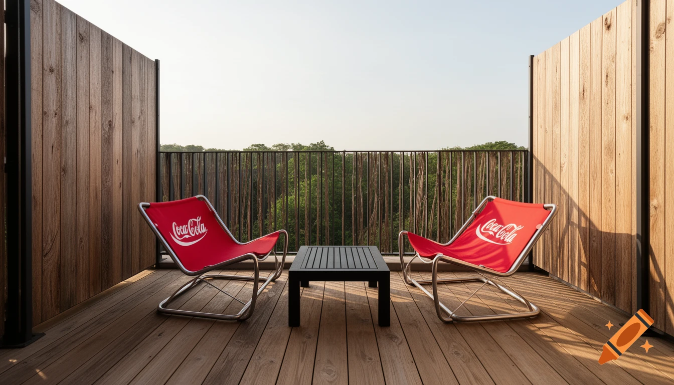 A modern wooden balcony features two red Coca-Cola chairs and a black slatted table, facing a forest under a bright sky.