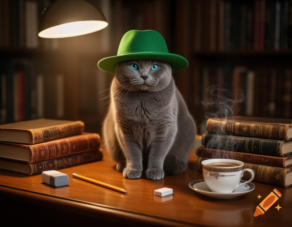 A photorealistic grey cat wearing a green hat sits on a wooden library desk, surrounded by stacks of books, a pencil, an eraser, and a cup of coffee. A desk lamp illuminates the scene.