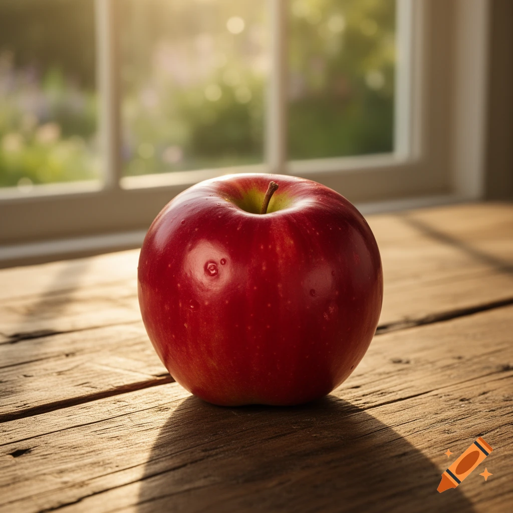 A single bright red apple sits on a rustic wooden table, bathed in warm sunlight filtering through a window.