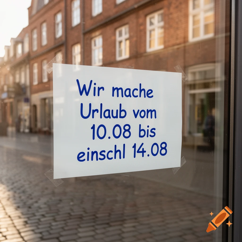 Photorealistic image of a white sign on a window displaying German text: "Wir mache Urlaub vom 10.08 bis einschl 14.08"