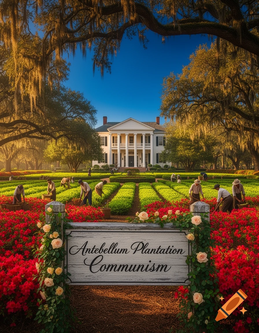 A white antebellum mansion overlooks fields with workers. A sign in the foreground reads 'Antebellum Plantation Communism'.