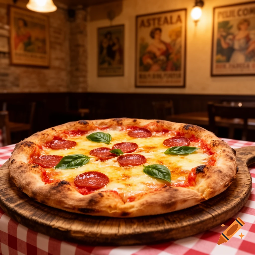 A close-up of a pepperoni pizza with fresh basil on a wooden board, set on a red and white checkered tablecloth in a dimly lit restaurant.