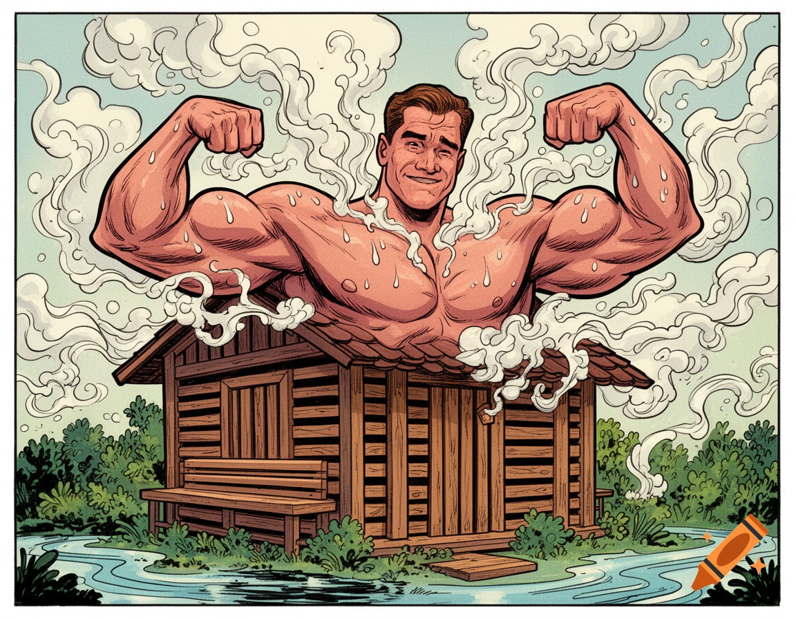 Comic art of a muscular man flexing his biceps, emerging from a steaming sauna cabin surrounded by nature.