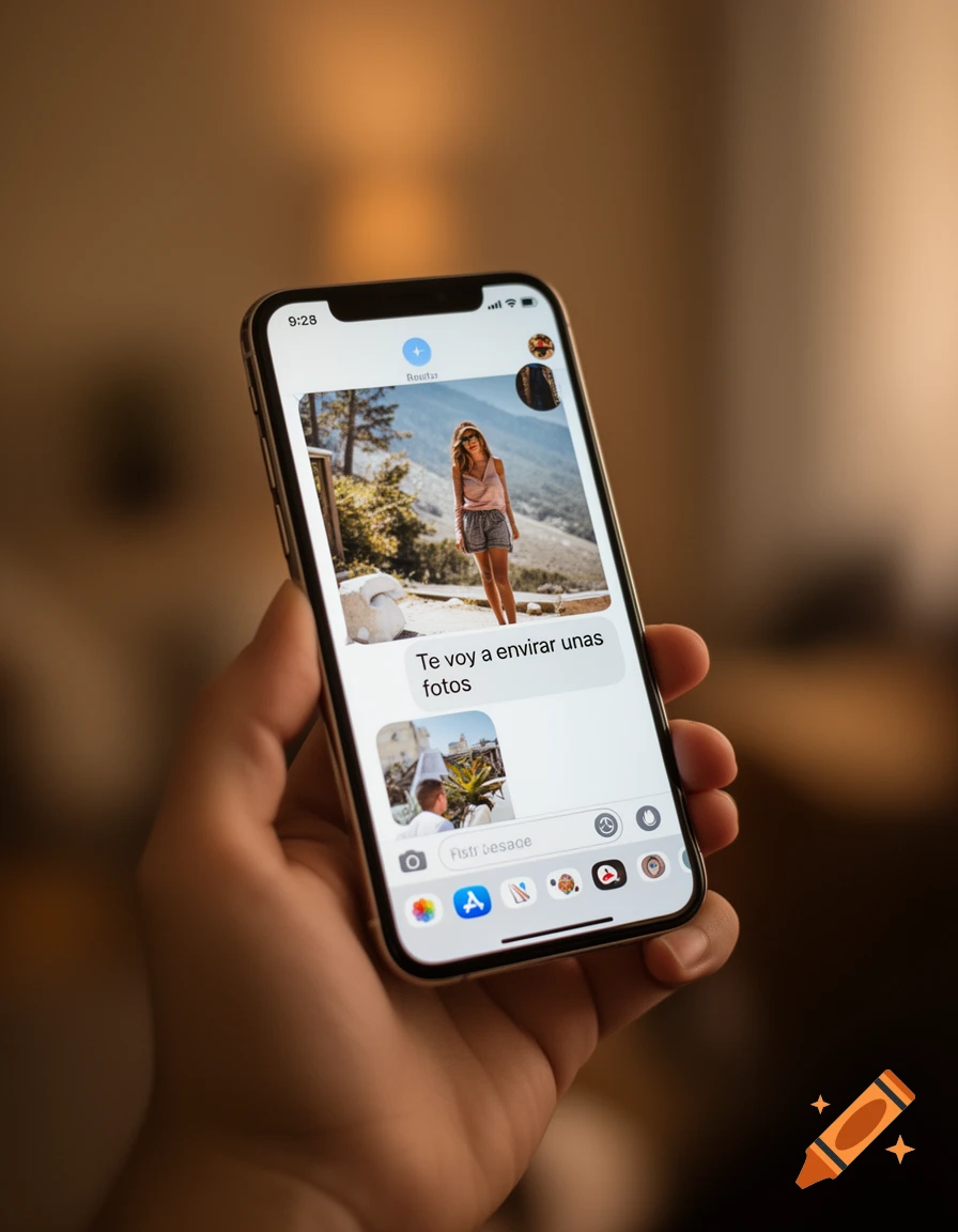 Close-up of a hand holding a smartphone displaying a messaging app with "Te voy a enviar unas fotos" and images on screen.