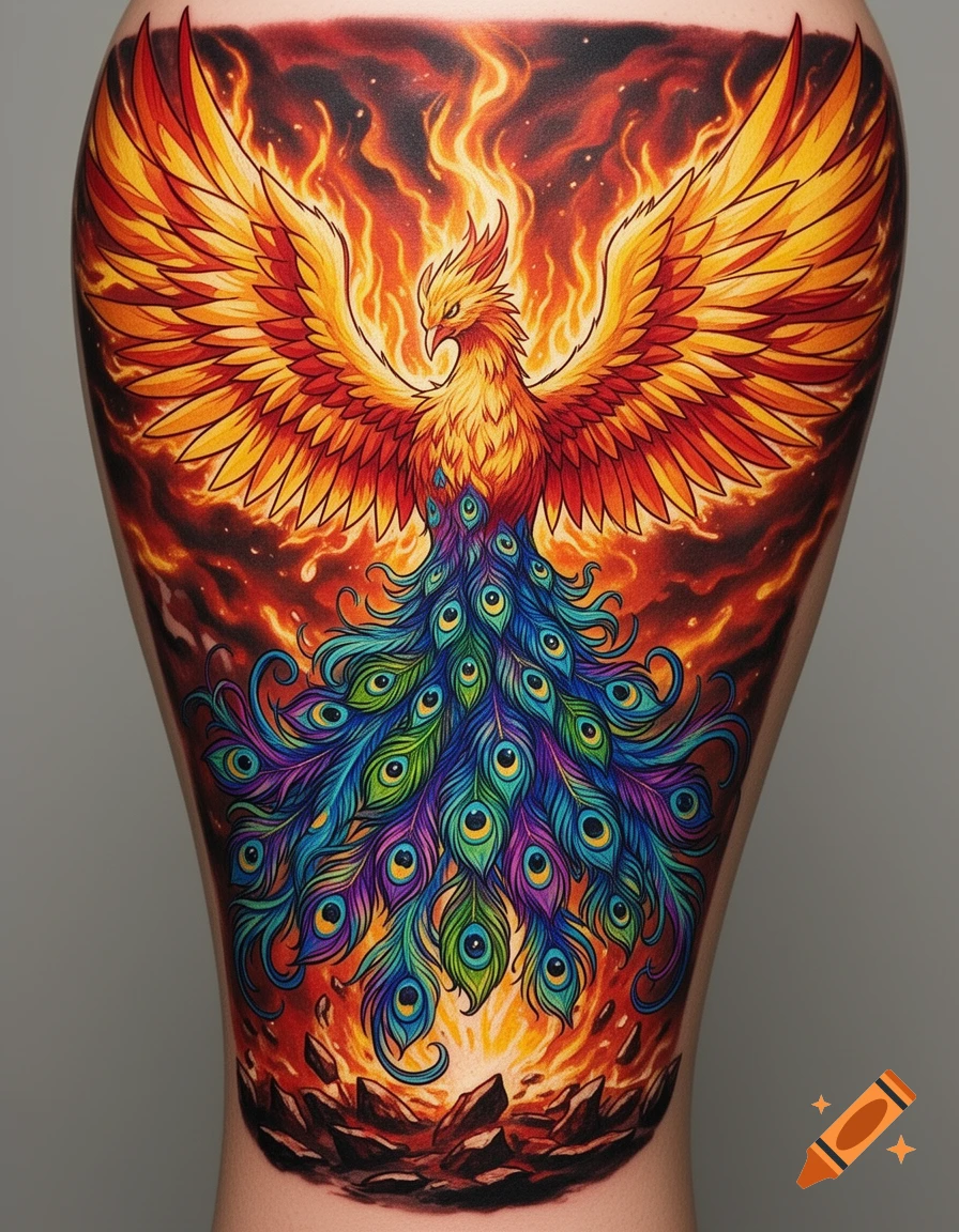Colorful anime-style phoenix tattoo with vibrant orange flames and a tail of blue and purple peacock feathers on skin.