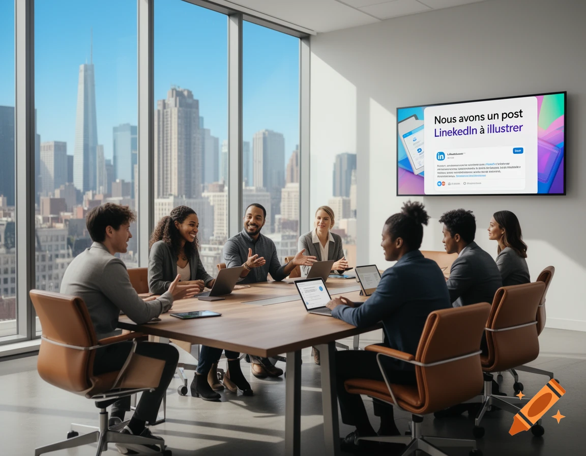 Diverse professionals hold a business meeting in a modern office with a city skyline view and a screen showing a social media post.