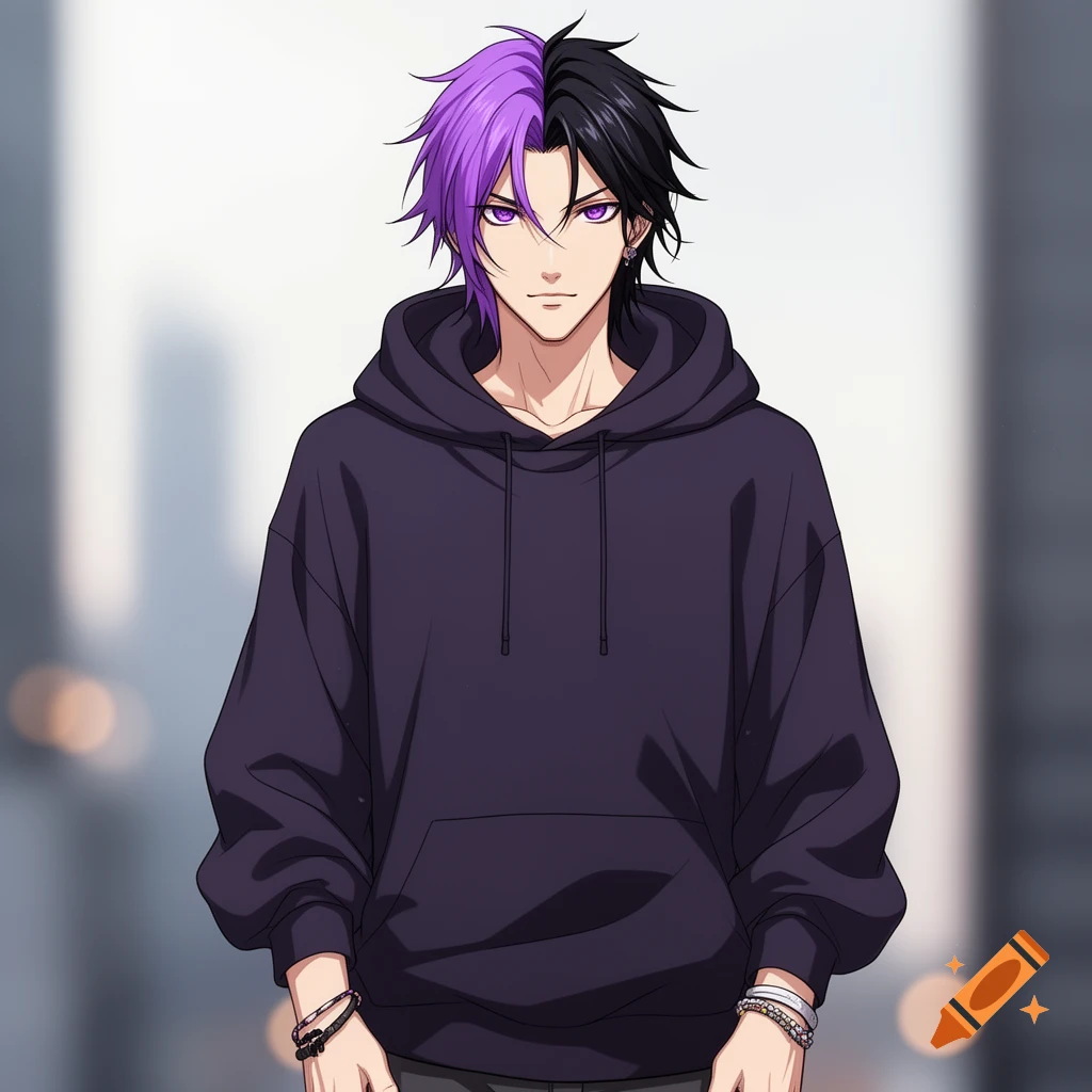Anime guy with split purple and black hair, purple eyes, wearing an oversized dark hoodie.