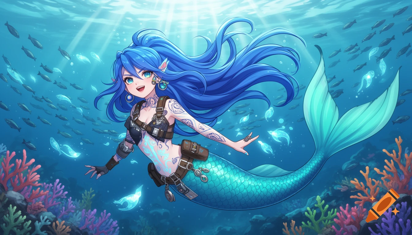 Anime mermaid with blue hair, tattoos, and a blue-green tail, swims underwater among fish and colorful coral reefs.