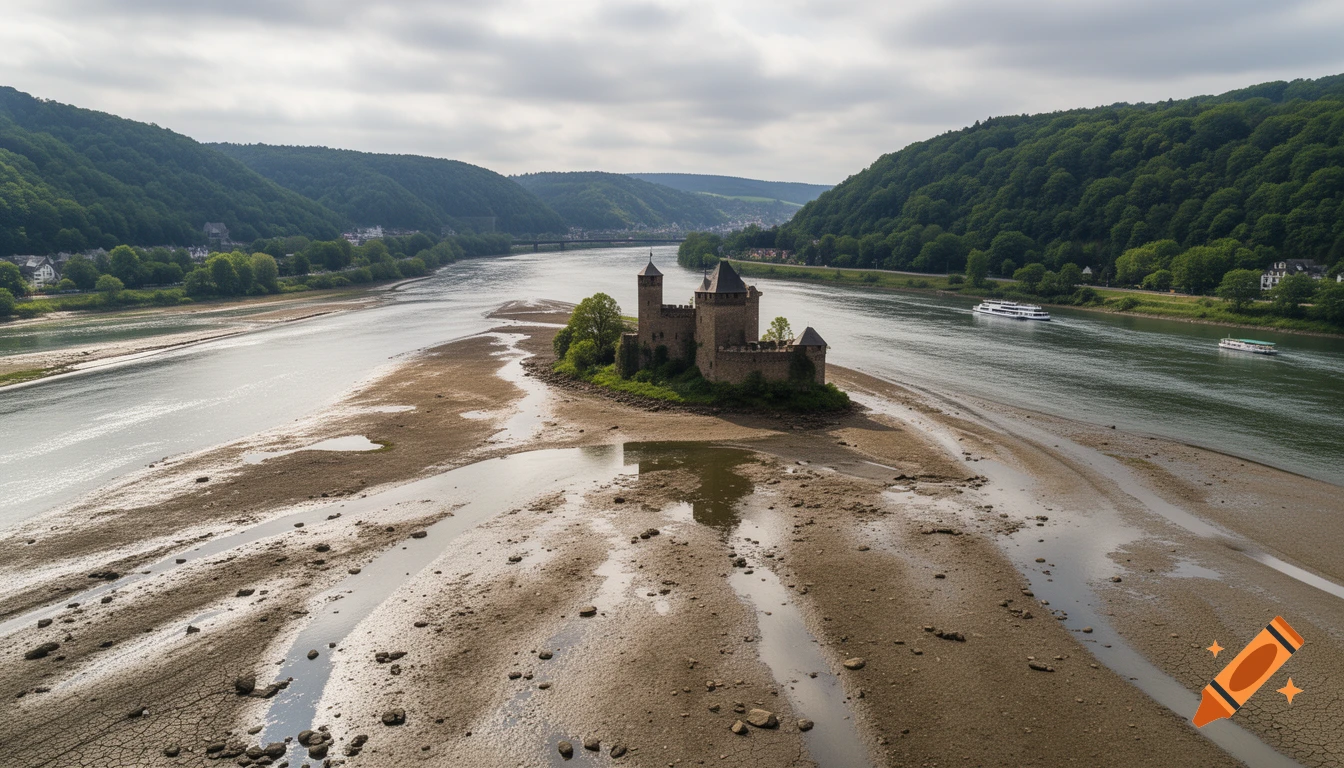 An aerial view of a medieval castle on an island in a river with very low water levels, exposed muddy banks, green hills, and boats.