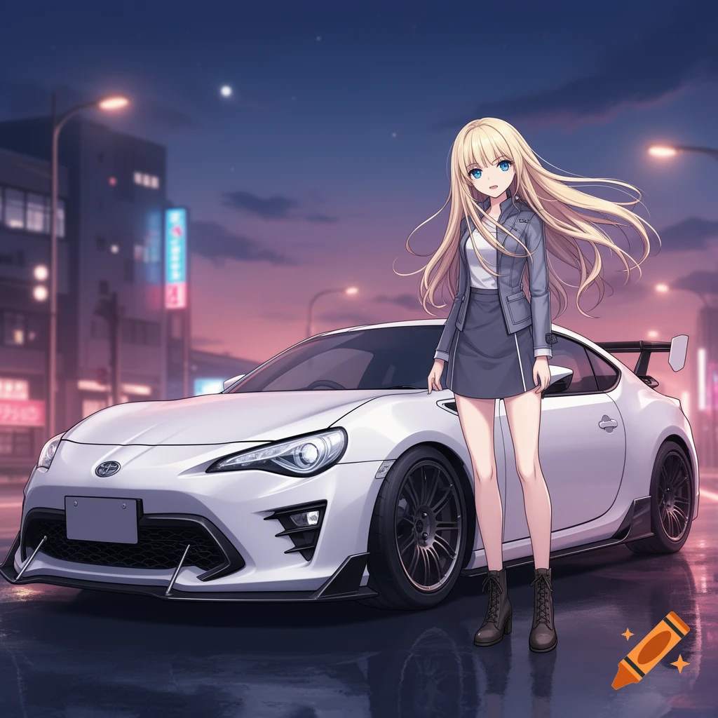 Anime girl with long blonde hair standing beside a white sports car on a wet street at dusk in a city.