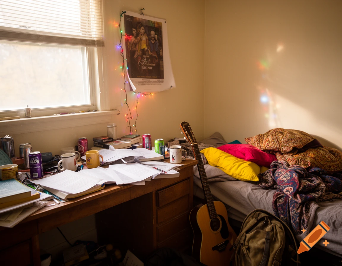 A messy student room with a cluttered desk, an acoustic guitar, a bed with colorful pillows, and a poster adorned with string lights.