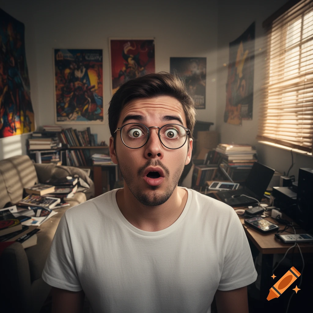 A surprised young man with wide eyes and open mouth wears glasses and a white t-shirt, looking directly at the viewer in a cluttered room with posters and books.